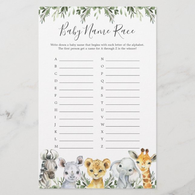 Lámina Safari Animals Juego de Raza de Nombre de Baby Sho (Anverso)