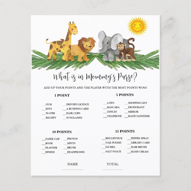 Lámina Safari Animals Mummy's Purse Baby Shower Game (Anverso)