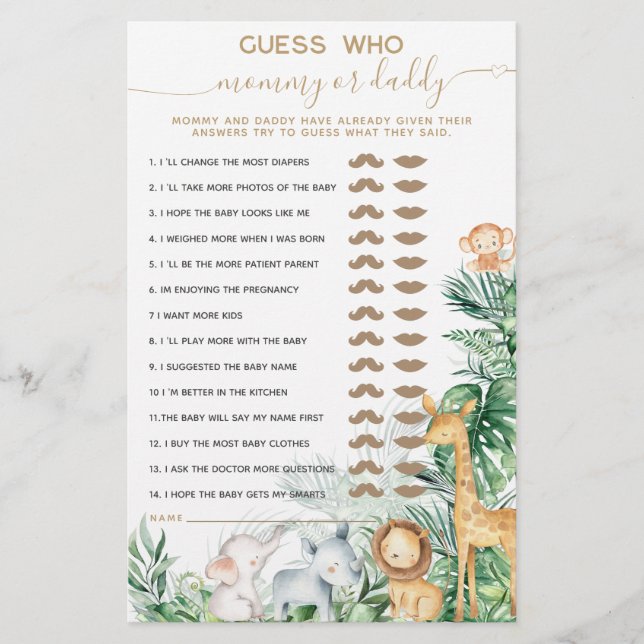 Lámina Safari Baby Animal Greeneration Baby Shower Adivin (Anverso)