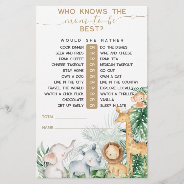 Lámina Safari Baby Animals Greenery juego de Baby Shower (Anverso)