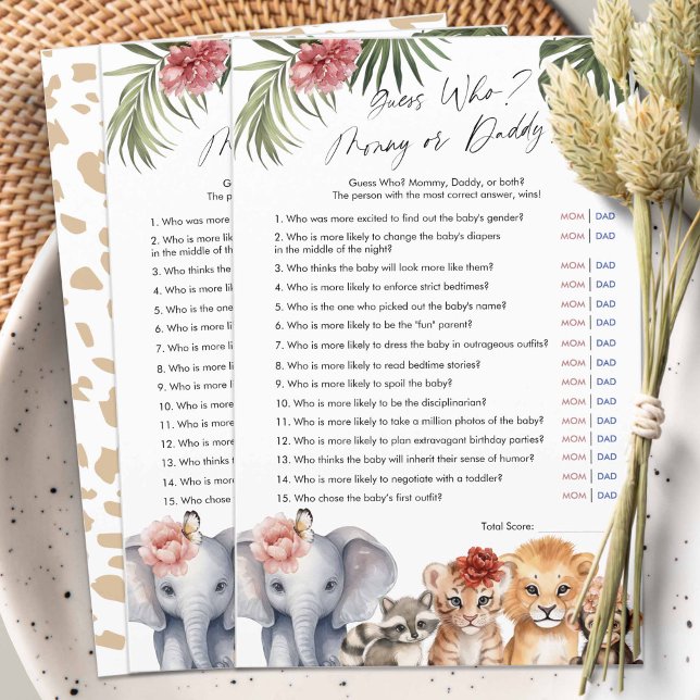Lámina Safari Baby Girl Shower Adivina quién es mamá o pa (Safari Animals, baby Girl Shower game, Guess Who, Mommy or Daddy?)