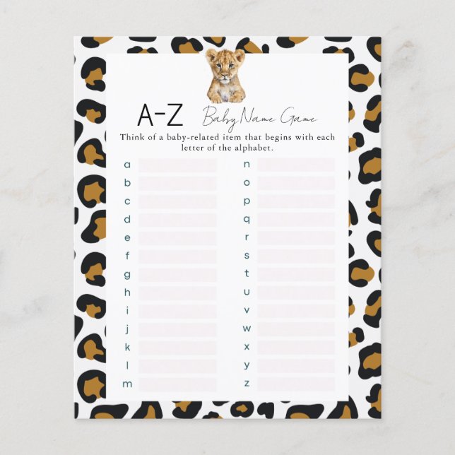 Lámina Safari Baby Name Shower Game (Anverso)
