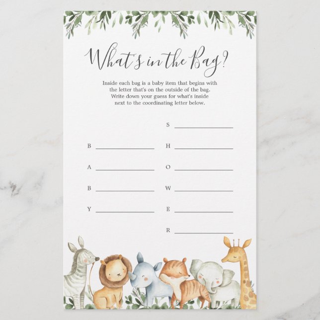 Lámina Safari Baby Shower adivina qué hay en el juego de  (Anverso)