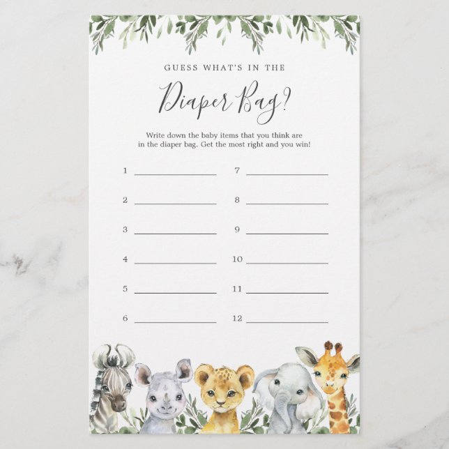 Lámina Safari Baby Shower adivina qué hay en la bolsa de  (Anverso)