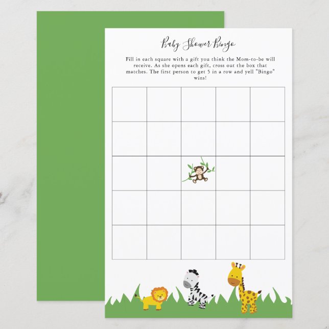 Lámina Safari Baby Shower Bingo Fiesta Juego Cute Animale (Anverso / Reverso)