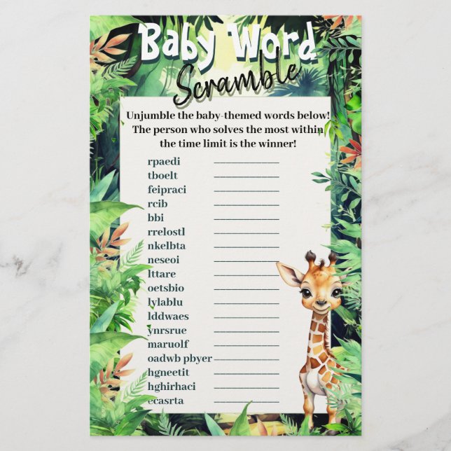 Lámina Safari Baby Shower Word Scramble Giraffe Green (Anverso)