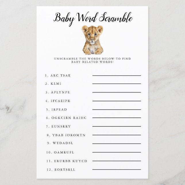 Lámina Safari Baby Word Scramble Game (Anverso)