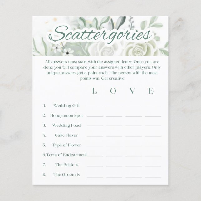 Lámina Sage Bridal Shower Game - Scattergories (Anverso)