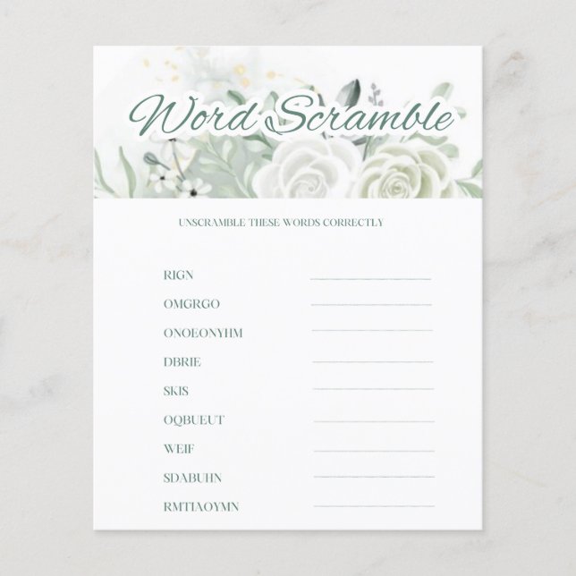 Lámina Sage Bridal Shower Word Scramble (Anverso)