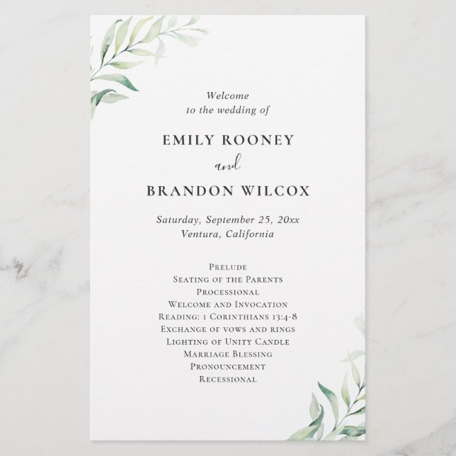 Lámina Sage Eucalyptus Elegant Wedding Program (Anverso)