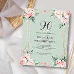 Lámina Sage Floral 90th Budget Birthday Invitation<br><div class="desc">¿Buscas una invitación asequible y encantadora para tu próxima fiesta de cumpleaños número 90? ¡No hay más que ver nuestra sabia invitación al papel floral! Con un bonito diseño con delicadas flores rosas sobre un fondo verde sabio y un elegante tipo de letra, esta invitación al personalizable le dará el...</div>