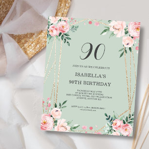 Lámina Sage Floral 90th Budget Birthday Invitation