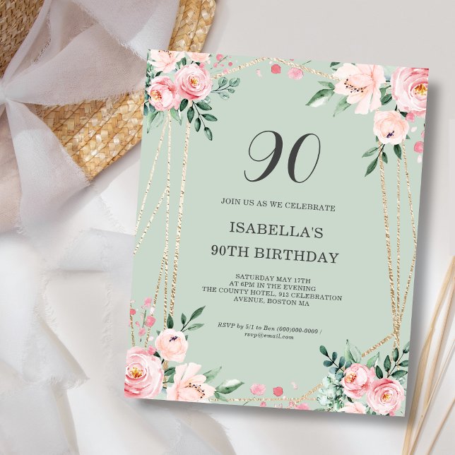 Lámina Sage Floral 90th Budget Birthday Invitation (Subido por el creador)