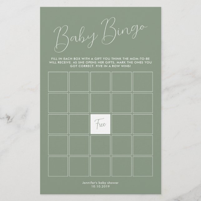Lámina Sage Green Baby Shower Bingo Game (Anverso)