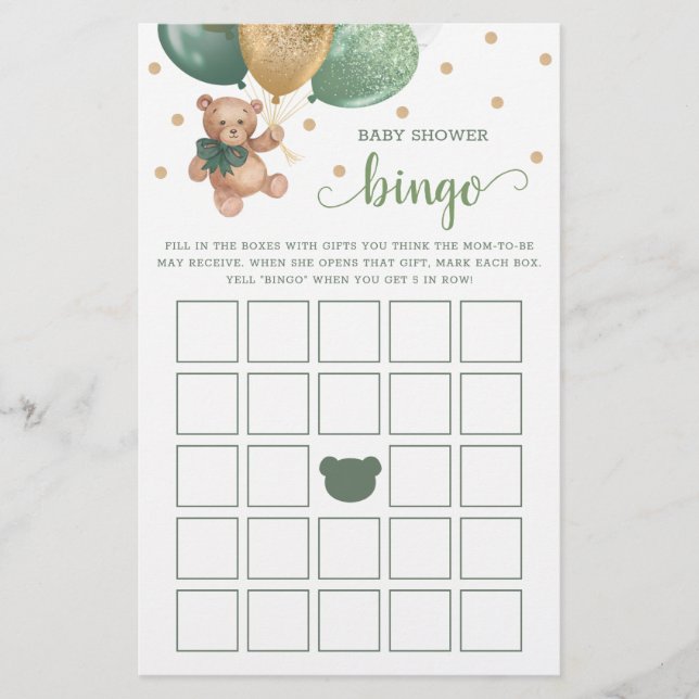 Lámina Sage Green Baby Shower Bingo Game Teddy Bear (Anverso)