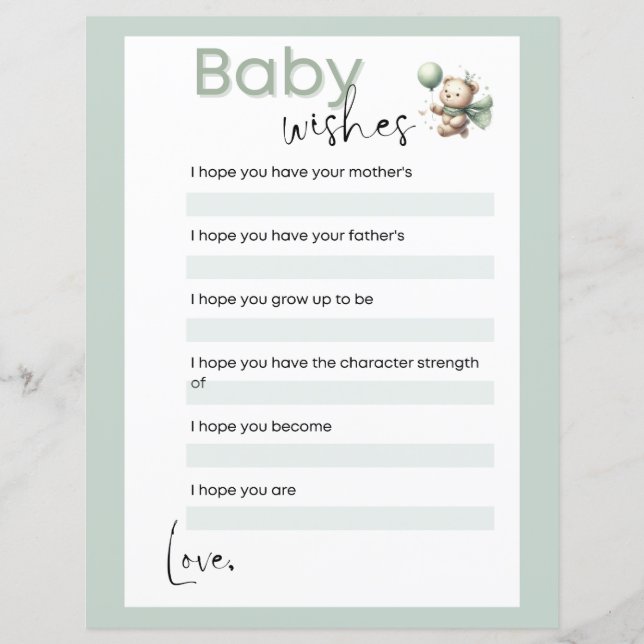 Lámina Sage Green Bear Baby Wire Juego de Baby Shower (Anverso)