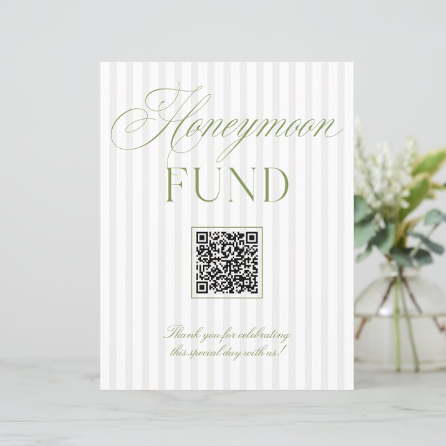 Lámina Sage Green & Beige Honeymoon Fund QR Code Sign (Anverso de pie)