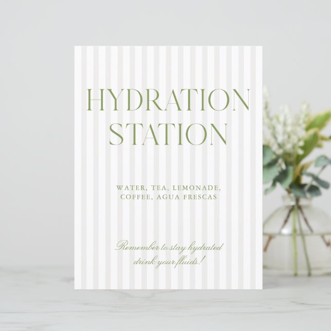 Lámina Sage Green & Beige Stripe Hydration Station Sign (Anverso de pie)