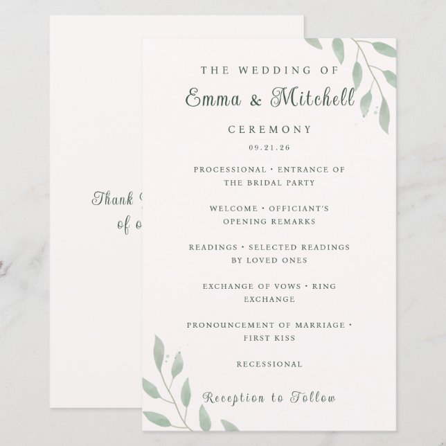 Lámina Sage Green Botanical Minimal Wedding Program Card (Anverso / Reverso)