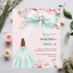 Lámina Sage green bow dress rosa Sweet 16 Invitación<br><div class="desc">Un elegante fondo rosa rubor,  decorado con un gran arco verde salado,  flores rosas y un chica vestido con un vestido verde. Personalice y agregue un nombre y detalles del fiesta. 1 hoja = 1 borde impreso de invitación al borde.</div>