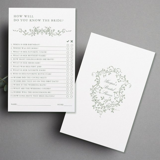 Lámina Sage Green French Victorian Bridal Shower Game (Front & Back)