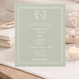 Lámina Sage green monogram wreath wedding invitation