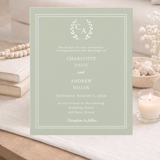 Lámina Sage green monogram wreath wedding invitation (Subido por el creador)