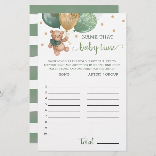 Lámina Sage Green Name That Baby Tune Game Teddy Bear (Anverso / Reverso)