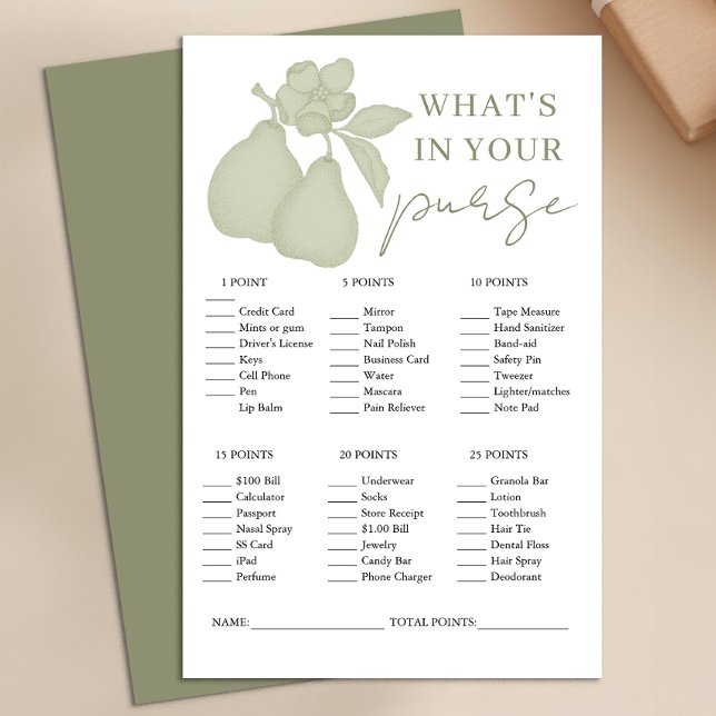 Lámina Sage Green Perfect Pear Bridal Shower Game (What's in your purse)