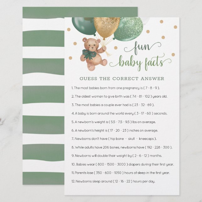 Lámina Sage Green Teddy Bear Fun Baby Facts Game (Anverso / Reverso)