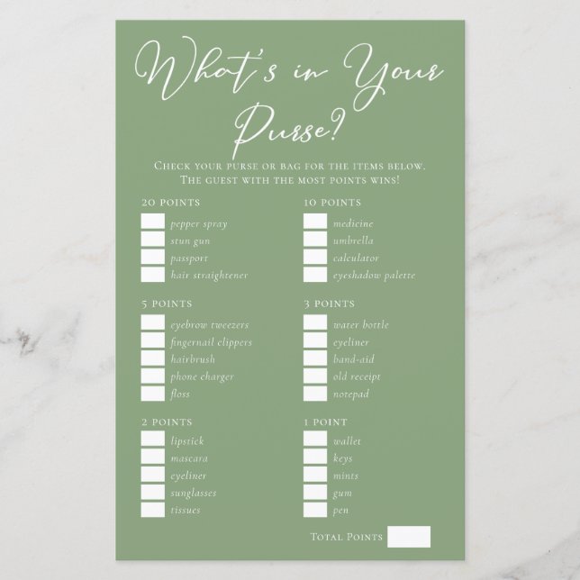 Lámina Sage Green What's in Your Purse Bridal Shower Game (Anverso)