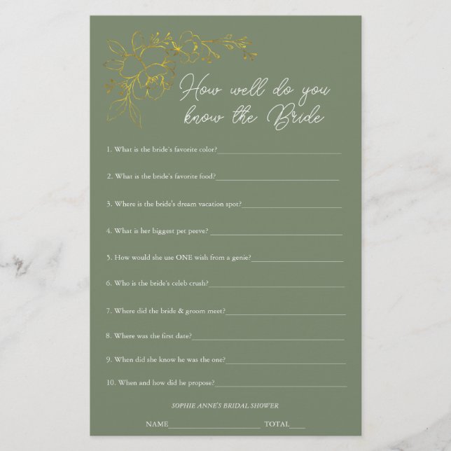 Lámina Sage Green Who Knows The Bride Shower Game (Anverso)