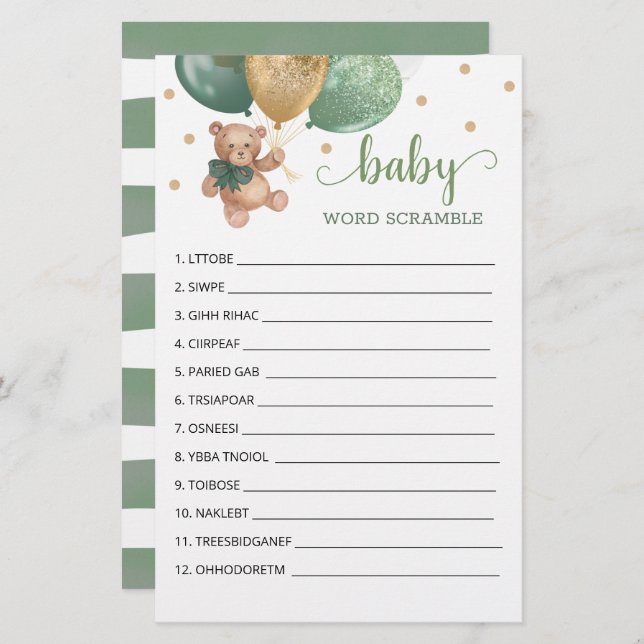 Lámina Sage Green Word Scramble Game Teddy Bear (Anverso / Reverso)