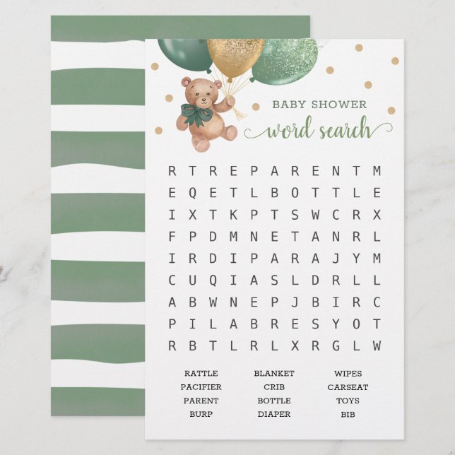 Lámina Sage Green Word Search Scramble Game Teddy Bear (Anverso / Reverso)