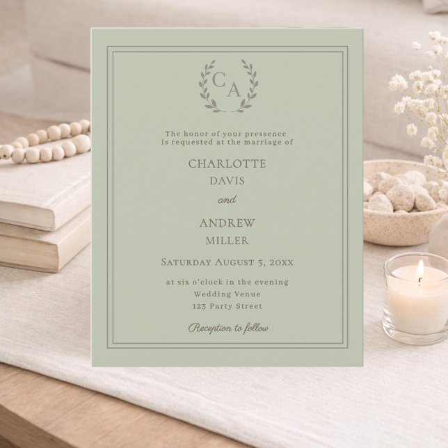 Lámina Sage green wreath monogram wedding invitation (Subido por el creador)