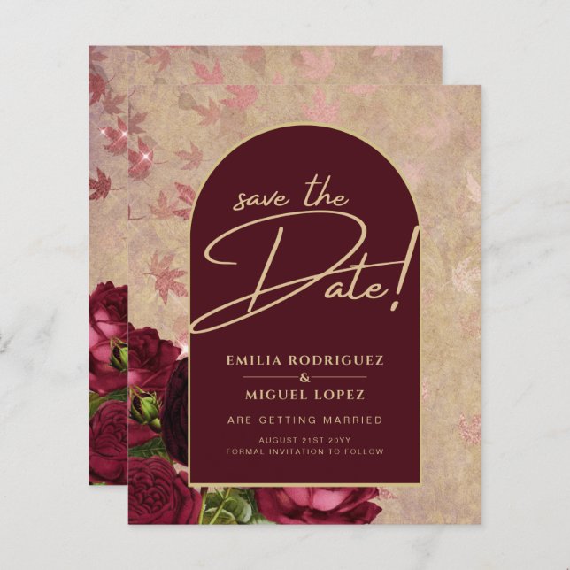 Lámina Salven las fechas Rosas de Borgoña Floral Roja Vin (Anverso / Reverso)