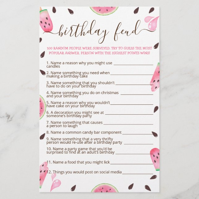 Lámina Sandía Cumpleaños Único Juego de Feud (Anverso)