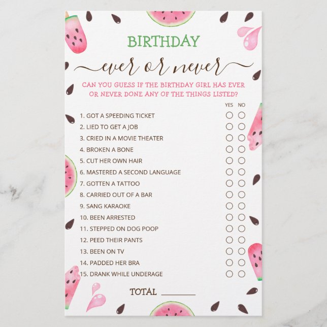 Lámina sandía uno en un cumpleaños melón nunca o nunca (Anverso)