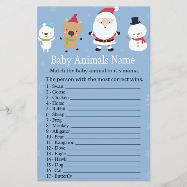 Lámina Santa Claus Bebés Animales Nombre Juego Ducha de b (Anverso)