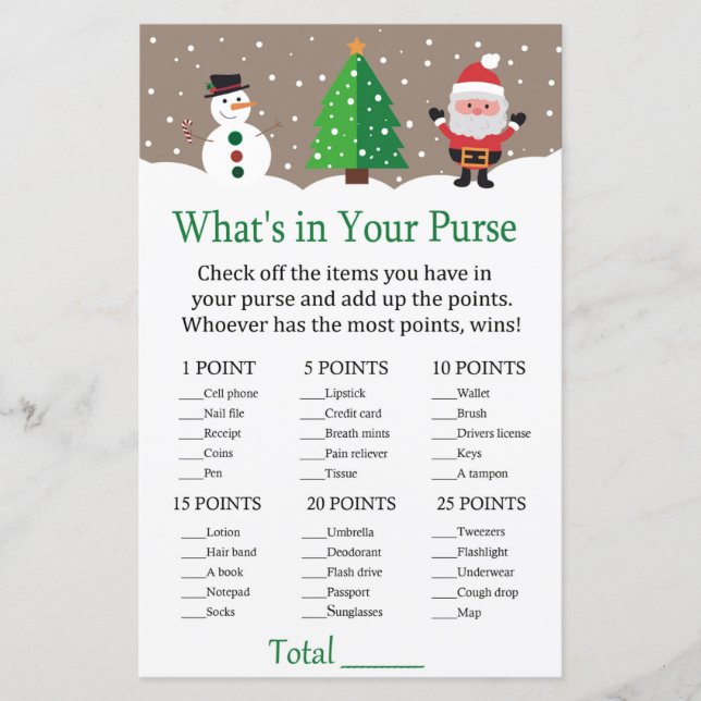 Lámina Santa, muñeco de nieve ¿Qué hay en tu bolso? (Anverso)