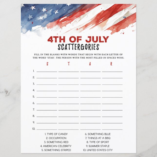 Lámina Scattergories 4 de julio Juego de Fiestas (Anverso)