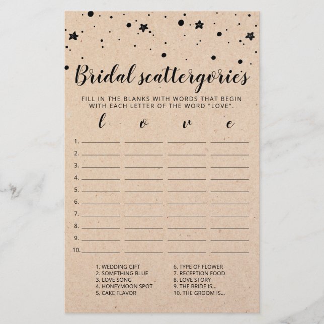 Lámina Scattergories de boda juego editable Despedida de  (Anverso)
