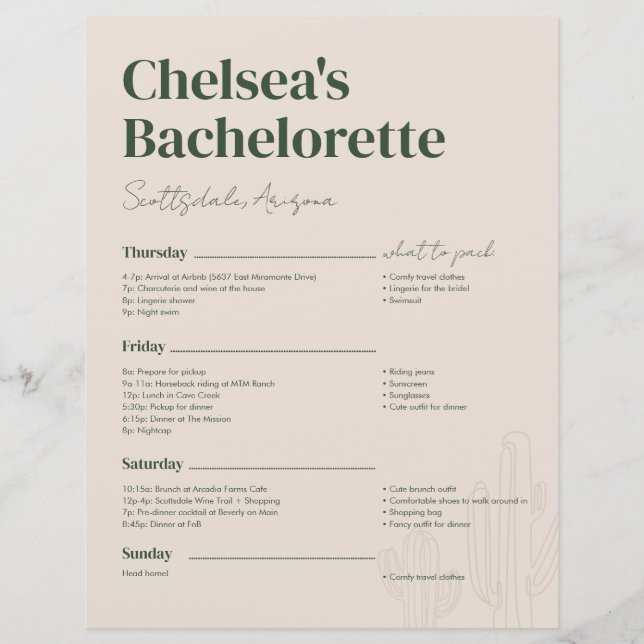 Lámina Scottsdale Bachelorette Weekend Itinerary (Anverso)