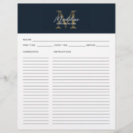 Lámina Script Navy Blue Metallic Gold Monogram Recipe