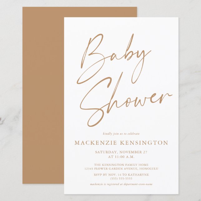 Lámina Script simple Baby Shower de Budget Tan Earth Tone (Anverso / Reverso)