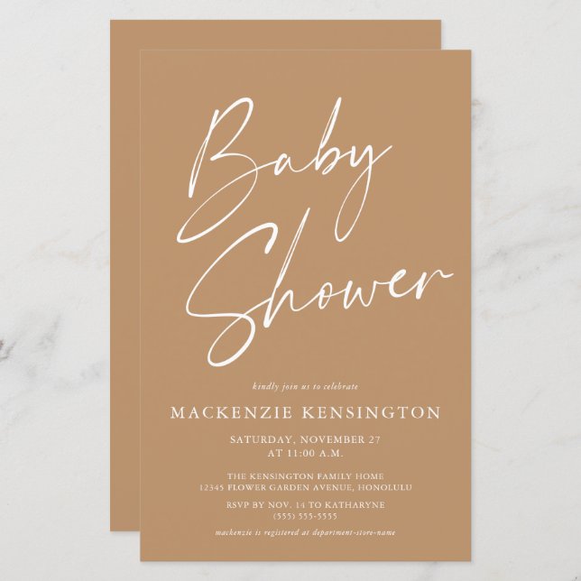 Lámina Script simple Baby Shower de Budget Tan Earth Tone (Anverso / Reverso)