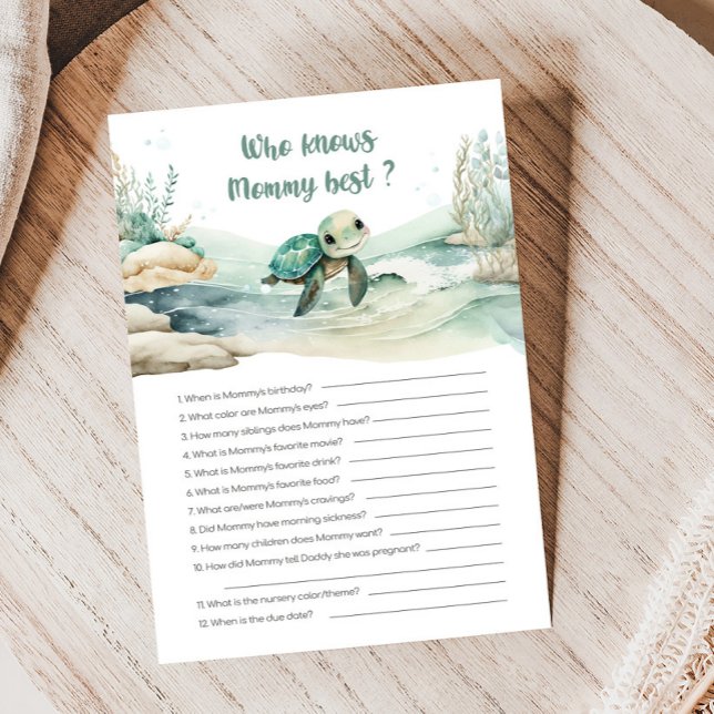 Lámina Sea Turtle Baby Shower quien conoce a mamá mejor j (Sea Turtle Baby Shower Game)