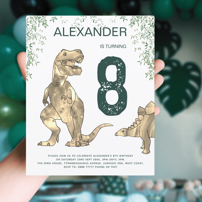 Lámina Selva de dinosaurios T. rex boys Presupuesto del p (T-Rex Dinosaur jungle 8th birthday party budget invitation with modern green typography )