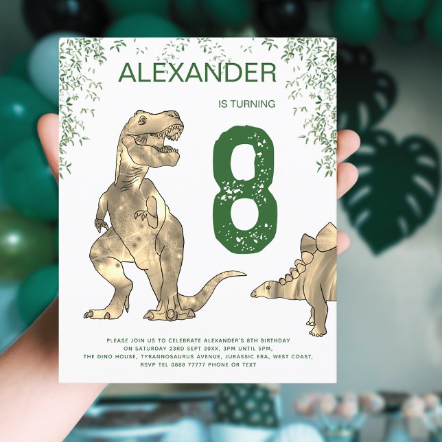 Lámina Selva de dinosaurios T. rex boys Presupuesto del p (T-Rex dinosaur jungle 8th birthday party budget invitation brown and green tyrannosaurus stegosaurus)