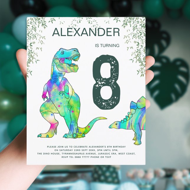 Lámina Selva Dinosaur T-Rex jungla 8º Presupuesto del Par (Dinosaur T-Rex jungle 8th birthday party invitation colorful watercolor stegosaurus & tyrannosaurus )